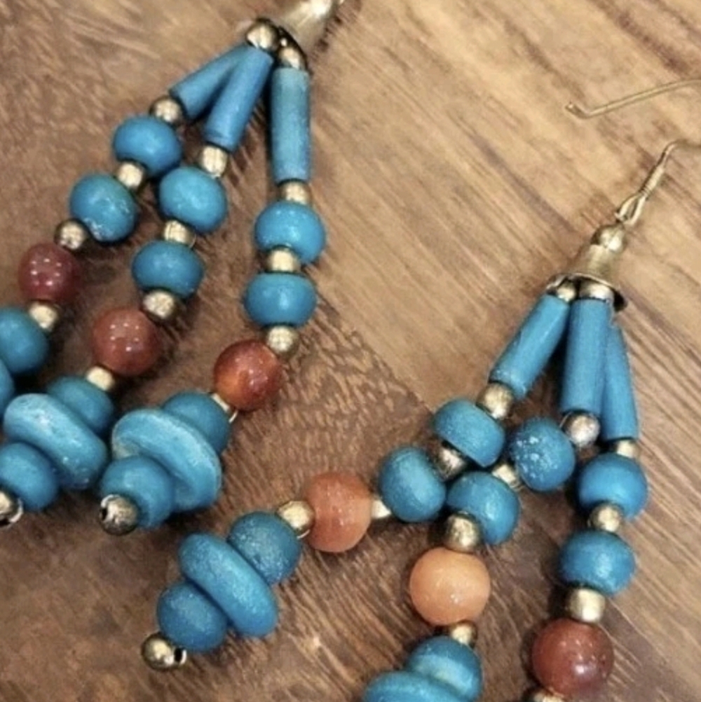 Vintage Turquoise Stone Beaded Cleopatra Statement Necklace & Earrings Set - Picture 6 of 12